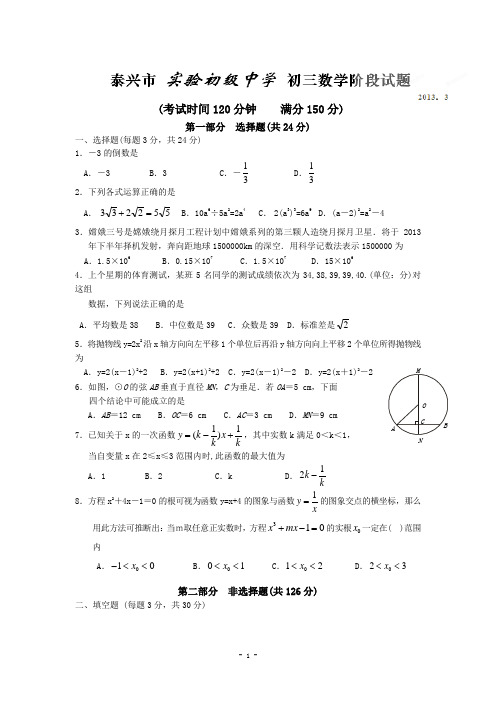 江苏省泰兴市实验初级中学2013届九年级下学期阶段性检测数学试题