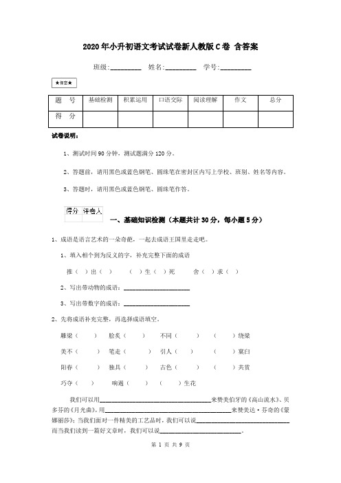 2020年小升初语文考试试卷新人教版C卷 含答案