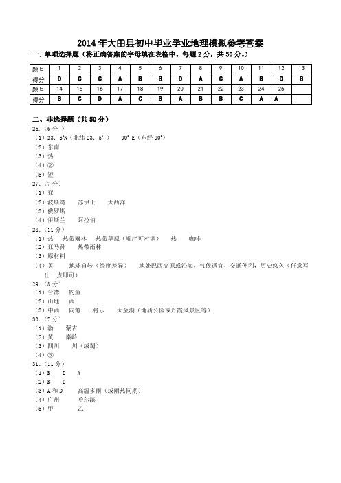 2014年大田县初中毕业学业地理模拟参考答案