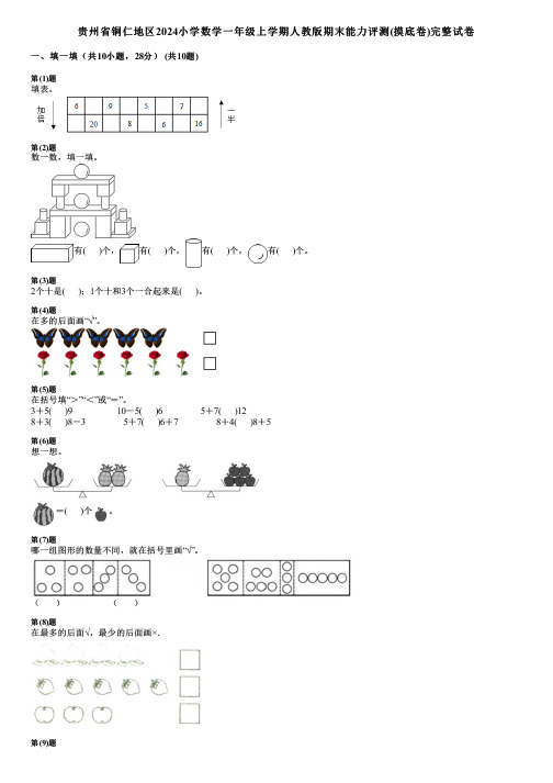 贵州省铜仁地区2024小学数学一年级上学期人教版期末能力评测(摸底卷)完整试卷