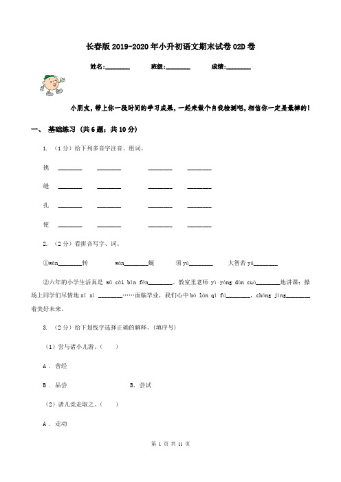 长春版2019-2020年小升初语文期末试卷02D卷