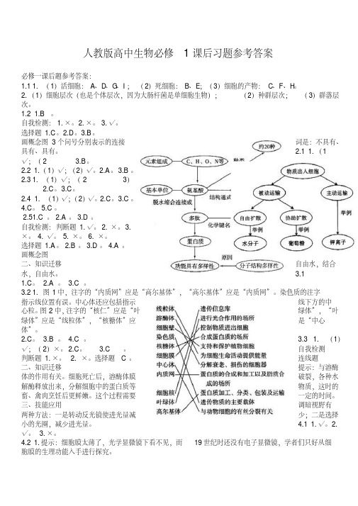 人教版高中生物必修1课后习题参考答案