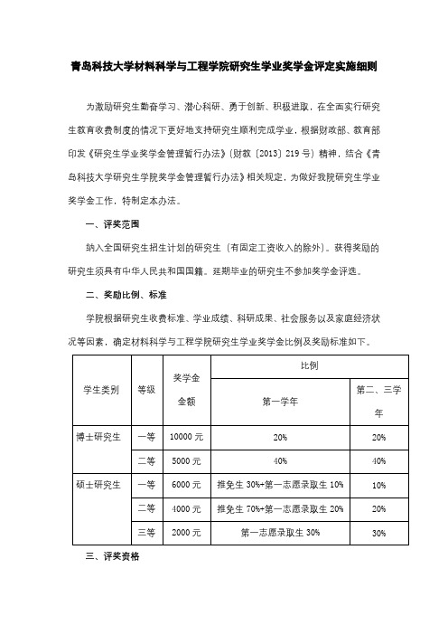 青岛科技大学材料科学与工程学院研究生学业奖学金评定实施细则【模板】