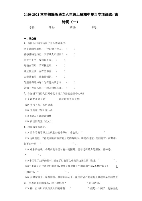 2020-2021学年部编版语文六年级上册期中复习专项训练：古诗词(一)