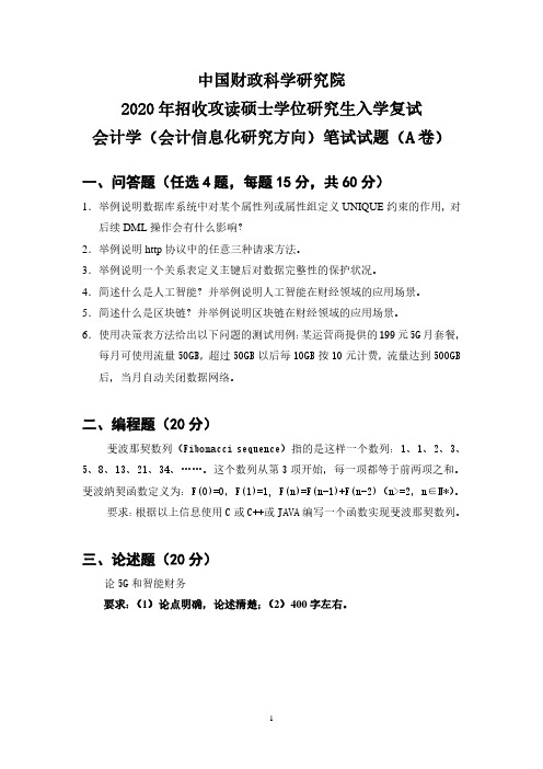 中国财政科学研究院2020年《会计学(会计信息化研究方向)》考研专业课复试真题试卷