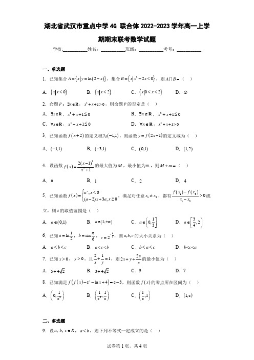 湖北省武汉市重点中学4G联合体2022-2023学年高一上学期期末联考数学试题