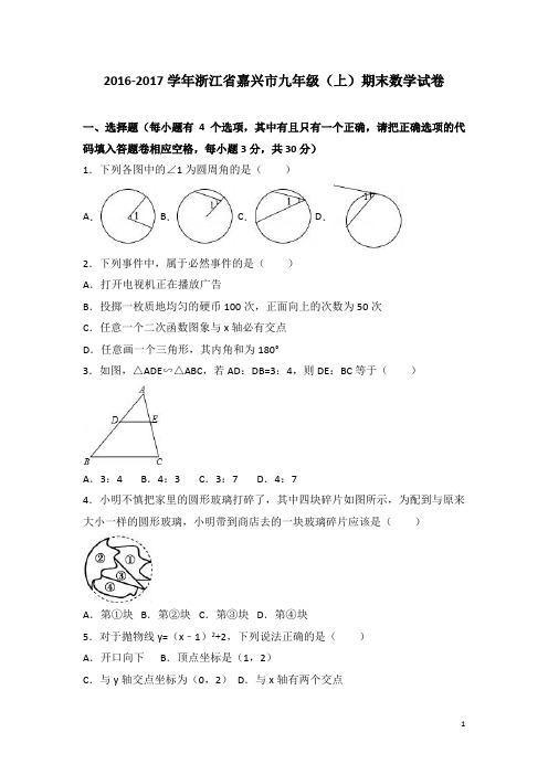 浙江省嘉兴市2017届九年级(上)期末数学试卷(解析版)