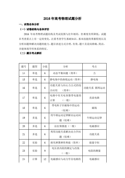 2016年高考物理试题分析