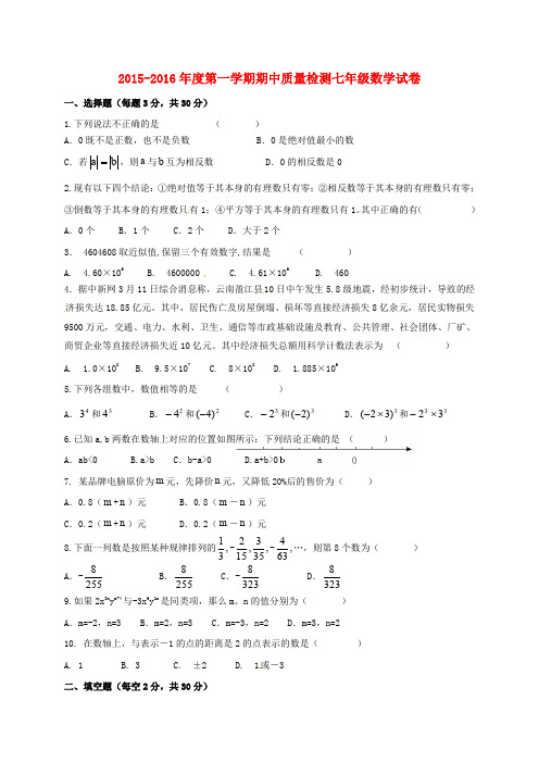 内蒙古2015_2016学年七年级数学上学期期中质量检测试题新人教版