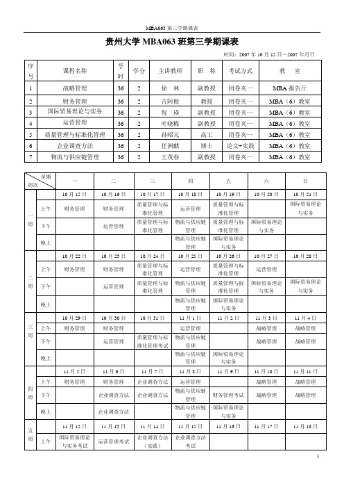 贵州大学MBA063班第三学期课表