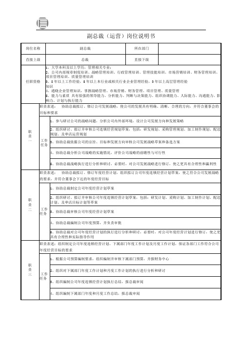 副总裁(运营)岗位说明书