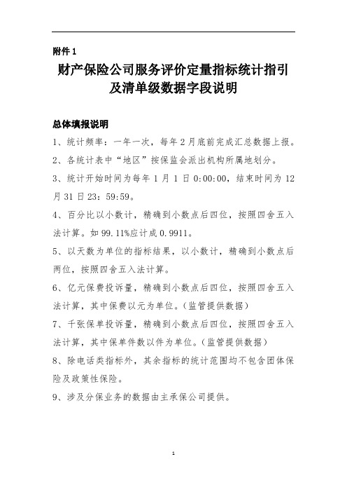 财产保险公司服务评价定量指标统计指引及清单级数据字段说明讲解