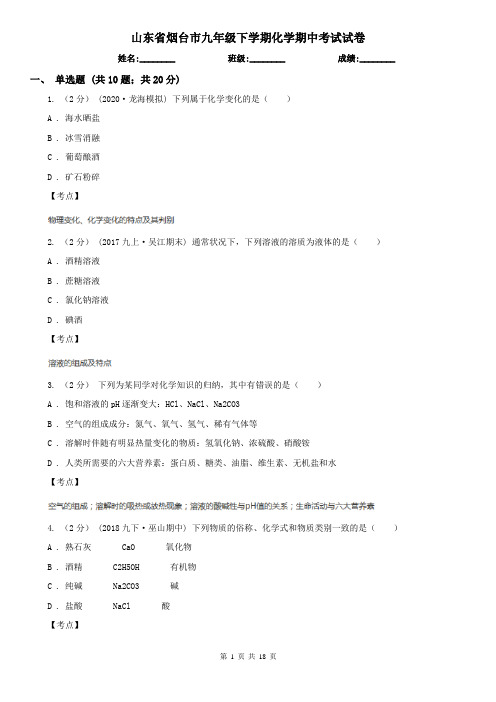 山东省烟台市九年级下学期化学期中考试试卷