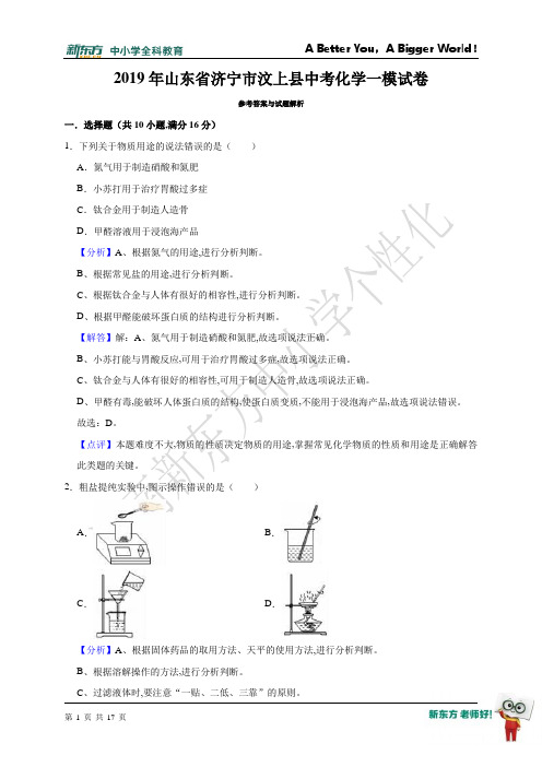 试卷-中考化学 19-济宁汶上(答案解析版)