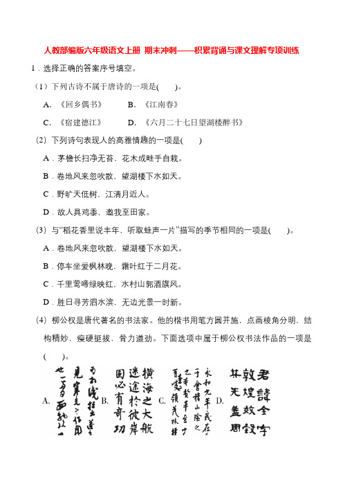 人教部编版六年级语文上册期末冲刺——积累背诵与课文理解专项训练(含答案)