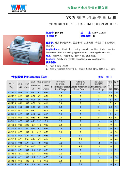 YS系列电机参数和选用