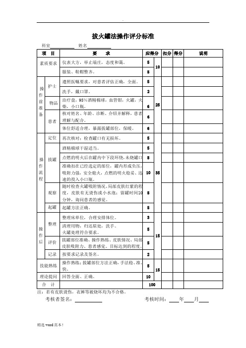 拔火罐法操作评分标准