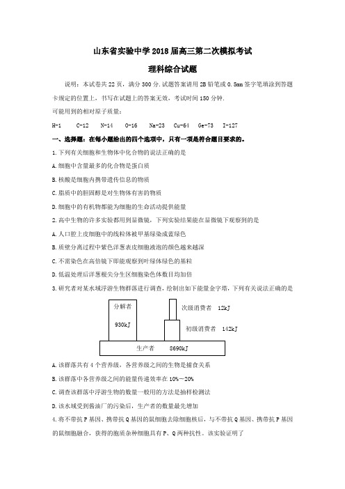 山东省实验中学2018届高三第二次模拟考试理科综合试题及答案