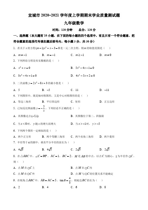 湖北省襄阳市宜城市2020-2021学年九年级上学期期末数学试题(word版含答案)