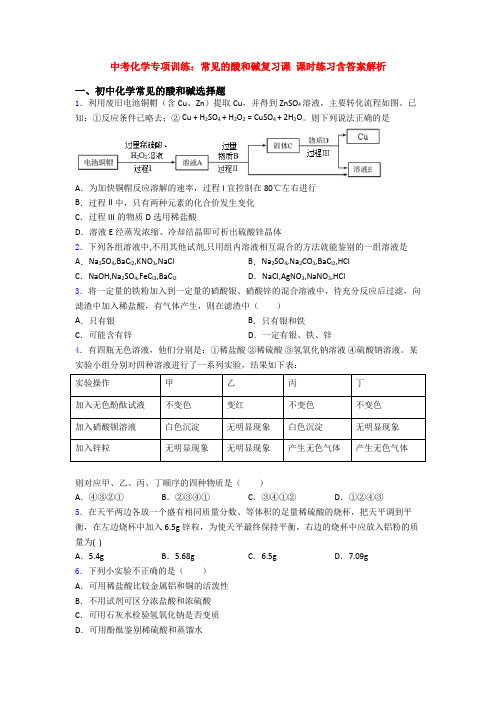 中考化学专项训练：常见的酸和碱复习课 课时练习含答案解析