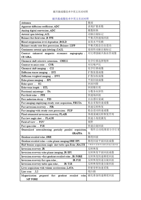 磁共振成像技术中英文名词对照