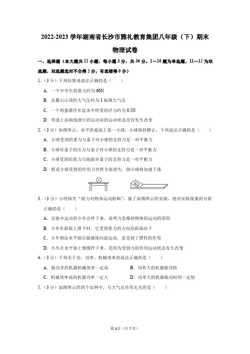 2022-2023学年湖南省长沙市雅礼教育集团八年级(下)期末物理试卷及答案解析