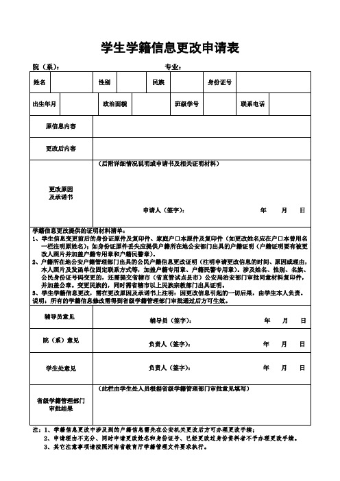 学生学籍信息更改申请表