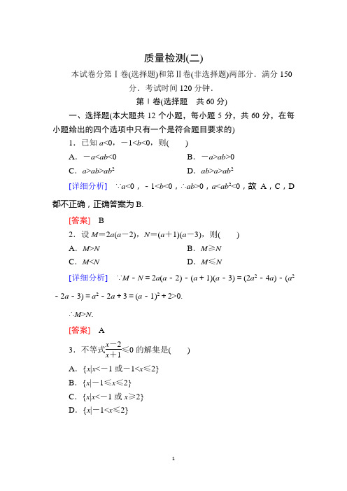 2020学年新教材人教A版数学必修第1册质量检测2一元二次函数、方程和不等式