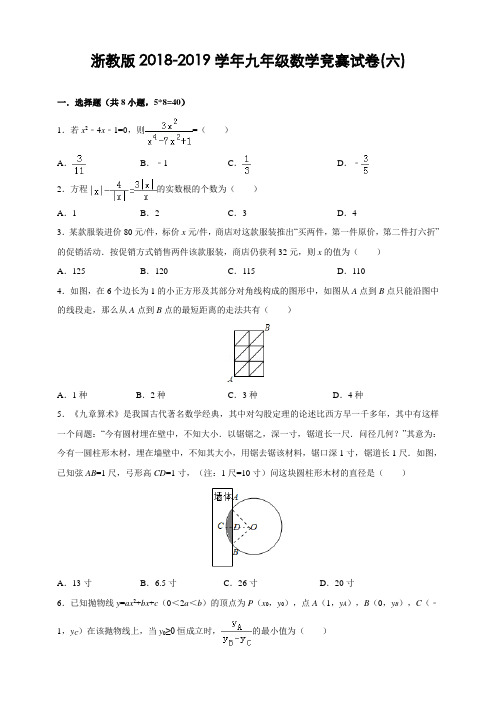 浙教版2018-2019学年九年级数学竞赛试卷(六)及答案