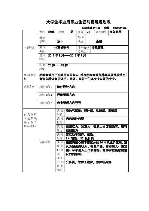 大学生毕业后职业生涯与发展规划表