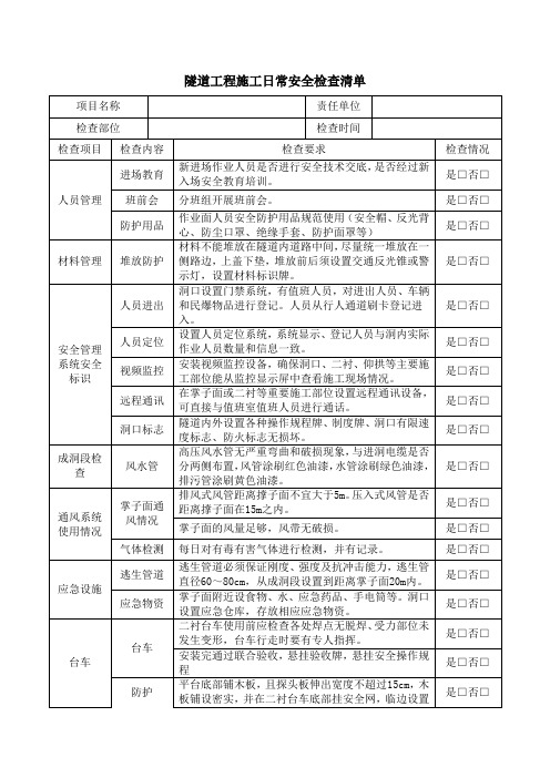 隧道工程施工日常安全检查清单