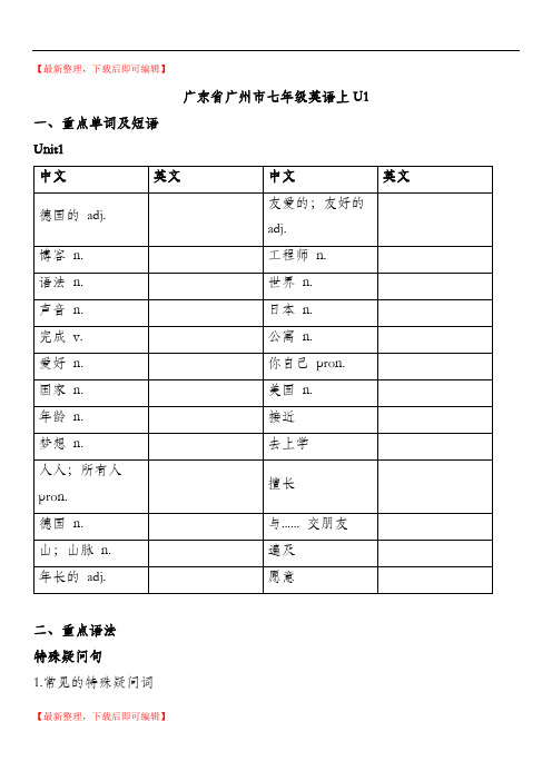 广州市初一年级英语牛津版上册Unit1复习(精品资料).doc