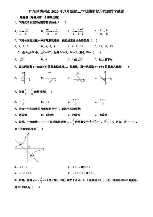 广东省惠州市2020年八年级第二学期期末复习检测数学试题含解析