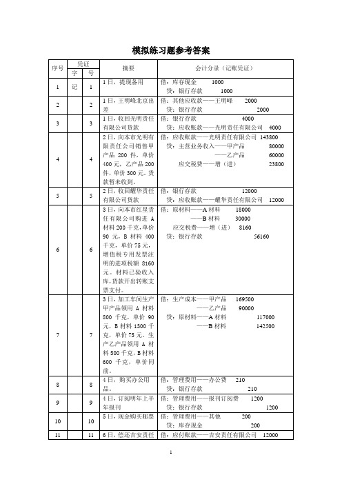 实验一 模拟练习题参考答案(会计分录)