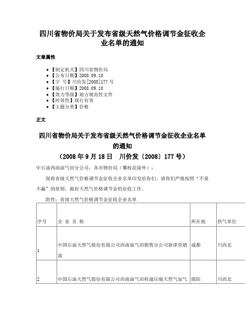 四川省物价局关于发布省级天然气价格调节金征收企业名单的通知