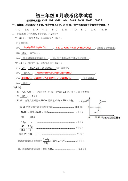 初三化学2019-2020学年度第二学期(六月月考)答案