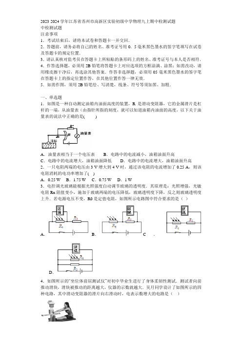 2023-2024学年江苏省苏州市高新区实验初级中学物理九上期中检测试题含解析