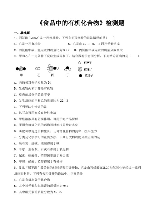 沪教版(全国)初中化学九年级下册第8章《食品中的有机化合物》检测题(包含答案)