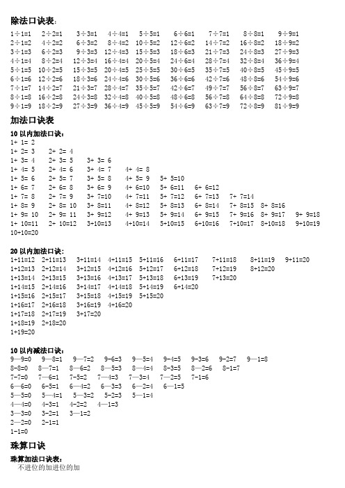 小学生乘法口诀表、除法口诀表、珠算口诀表