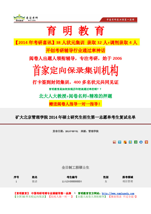 矿大北京管理学院2014年硕士研究生招生第一志愿单考生复试名单