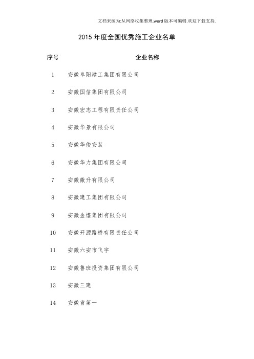 2020年度全国优秀施工企业名单