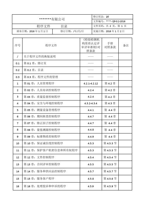 某检验检测机构质量管理体系程序文件2016新版