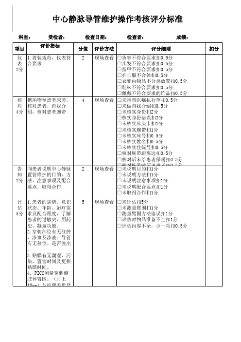 中心静脉导管维护考核评分标准