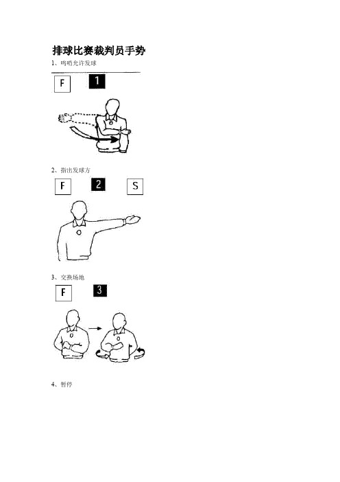 排球比赛裁判员手势1、鸣哨允许发球2、指出发球方3、交换场地4