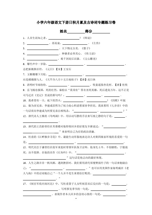 小学六年级语文下册日积月累及古诗词专题练习卷