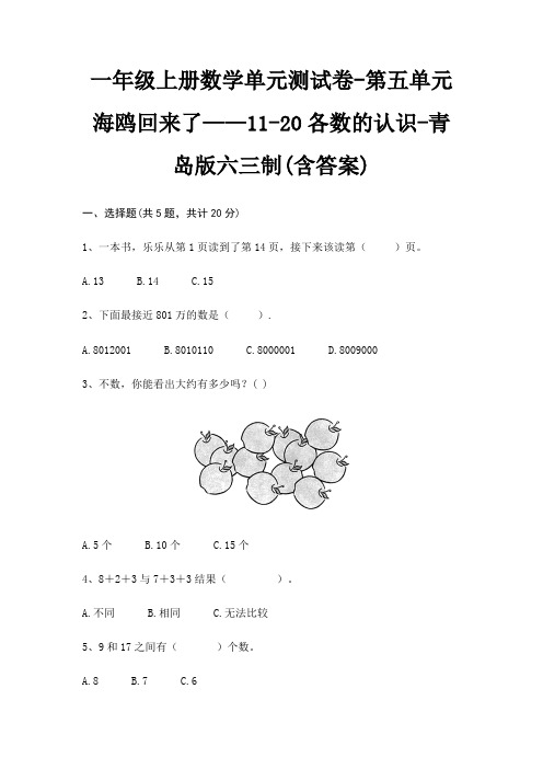 一年级上册数学单元测试卷-第五单元 海鸥回来了——11-20各数的认识-青岛版六三制(含答案)