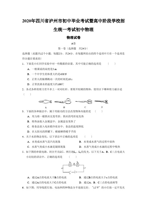 2020年四川省泸州市初中毕业考试暨高中阶段学校招生统一考试初中物理