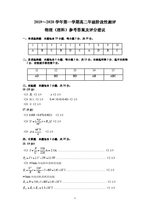 2019-2020 学年第一学期高二年级阶段性测评高二物理(理)答案