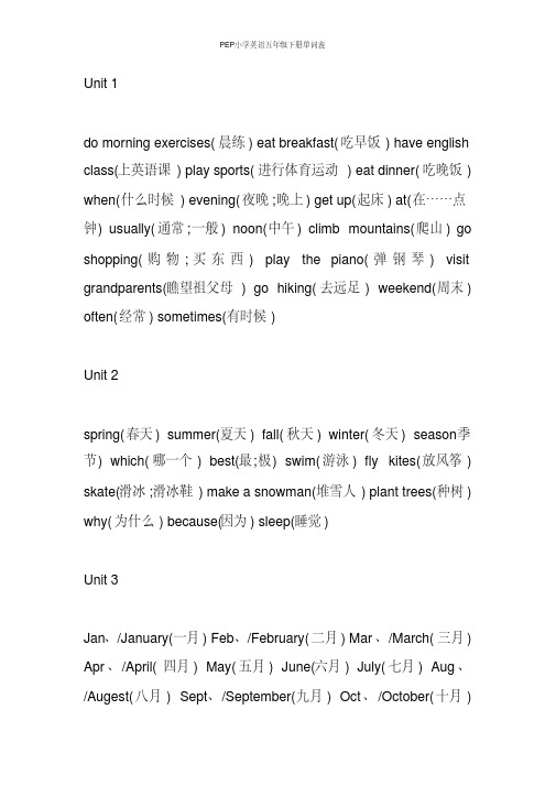 小学英语五年级下册单词表