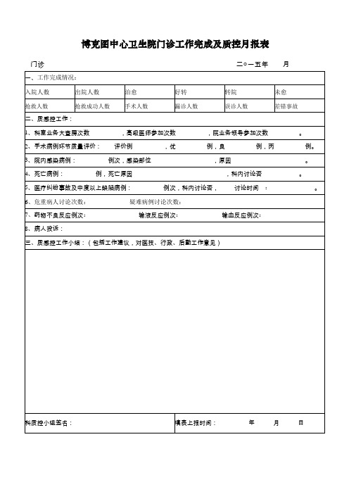 2015年卫生院门诊工作完成及质控月报表